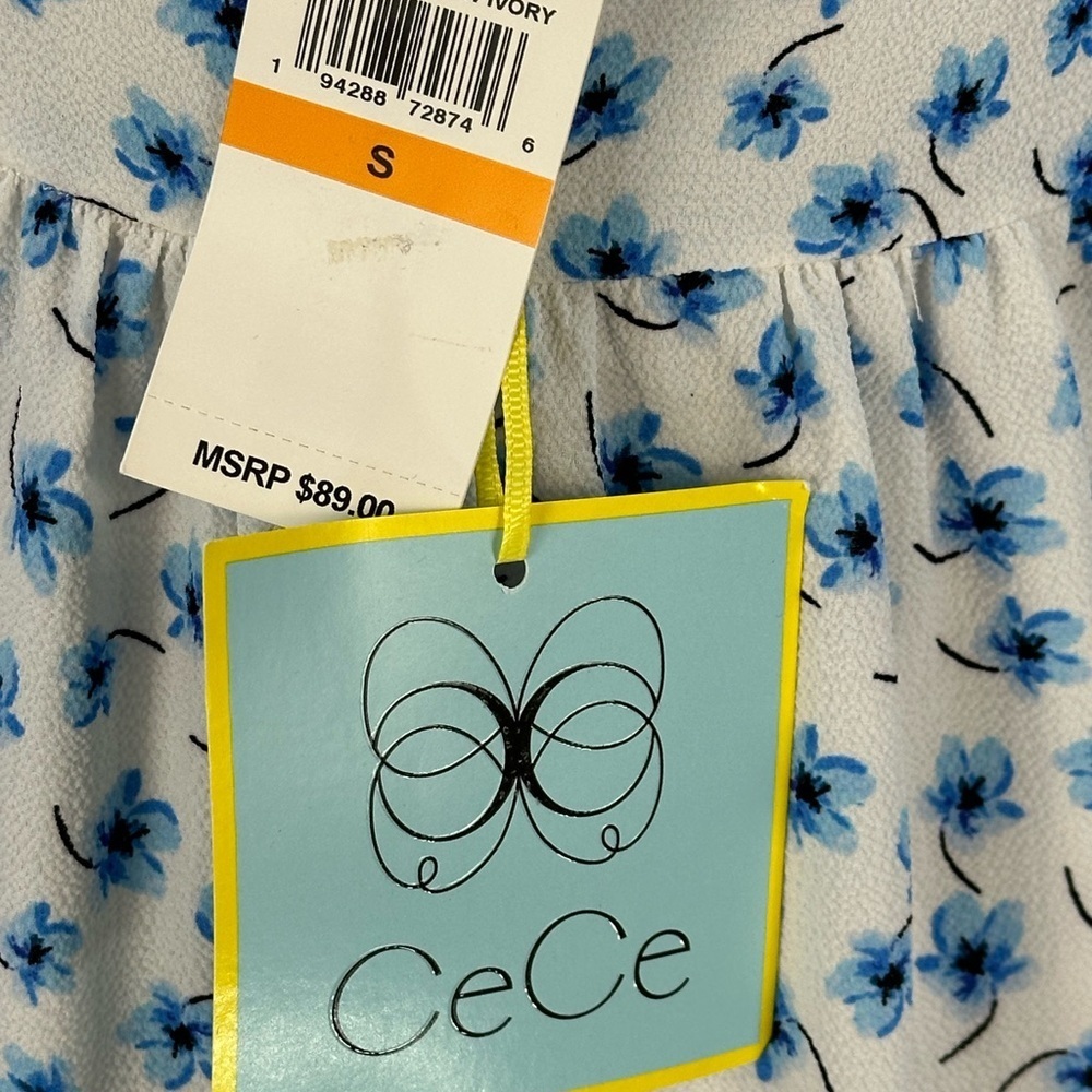 CeCe Short Sleeve Mock Neck Floral Print Midi Dress - Blue White - size Small - Picture 8 of 9